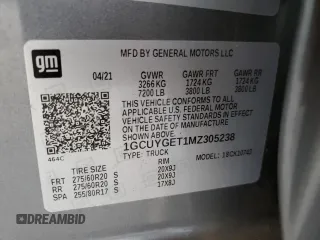 2021 Chevrolet Silverado 1500 LTZ with VIN 1GCUYGET1MZ305238, listed as a Copart auction lot 68884534 with 84,045 mi miles and Salvage Title. Bid and sale history available at DreamBid. Image 14.