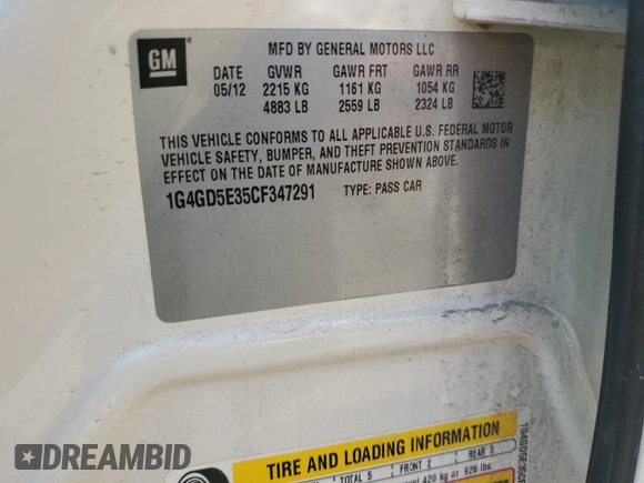 2012 Buick LaCrosse Premium 1 with VIN 1G4GD5E35CF347291, listed as a Copart auction lot 55397495 with 100,850 mi miles and Salvage title. Bid and sale history available at DreamBid. Image 12.