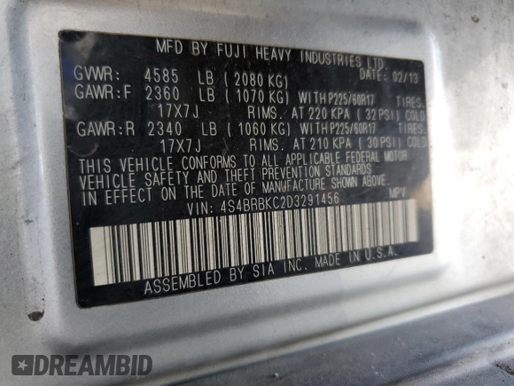 2013 Subaru Outback Limited with VIN 4S4BRBKC2D3291456, listed as a Copart auction lot 64230655 with 217,677 mi miles and Clean title. Bid and sale history available at DreamBid. Image 12.
