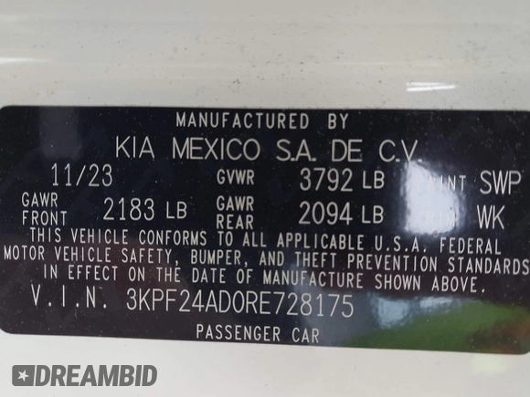 2024 Kia Forte LXS with VIN 3KPF24AD0RE728175, listed as a IAAI auction lot 41958794 with 11,074 mi miles. Bid and sale history available at carsss.com. Image 9.