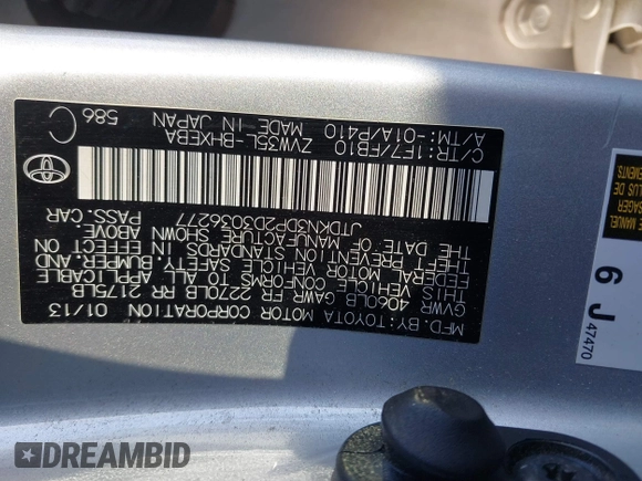 2013 Toyota Prius with VIN JTDKN3DP2D3036277, listed as a IAAI auction lot 41417329 with 135,679 mi miles and . Bid and sale history available at DreamBid. Image 9.