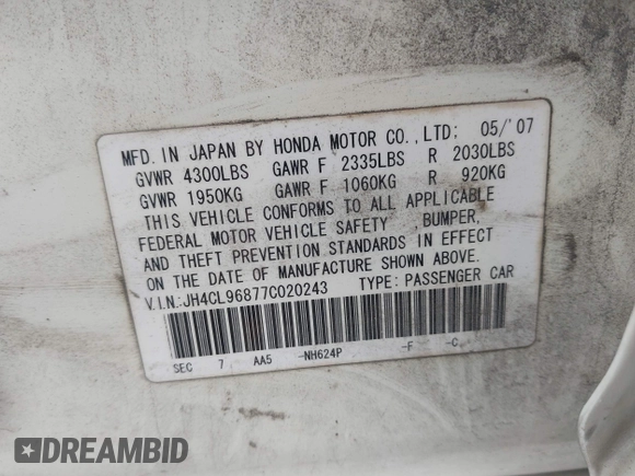 2007 Acura TSX with VIN JH4CL96877C020243, listed as a IAAI auction lot 42379368 with 206,042 mi miles and . Bid and sale history available at DreamBid. Image 9.