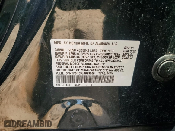 2018 Honda Pilot Elite with VIN 5FNYF6H03JB019900, listed as a Copart auction lot 57497235 with 60,358 mi miles and Salvage title. Bid and sale history available at DreamBid. Image 13.