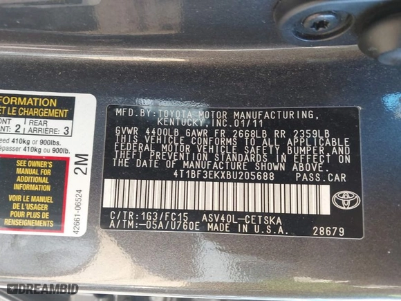 2011 Toyota Camry LE with VIN 4T1BF3EKXBU205688, listed as a IAAI auction lot 41729303 with 122,946 mi miles. Bid and sale history available at carsss.com. Image 9.