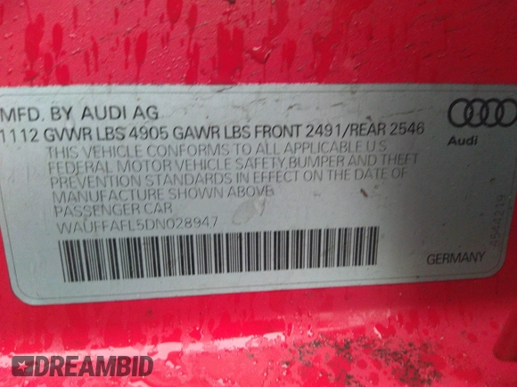 2013 Audi A4 Premium Plus с VIN WAUFFAFL5DN028947, выставлен на аукционе IAAI как лот 41706322 с пробегом 153 903 миль миль и . История ставок и продаж доступна на DreamBid. Изображение 9.