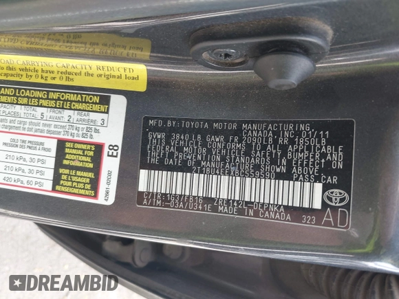 2011 Toyota Corolla L with VIN 2T1BU4EEXBC559590, listed as a IAAI auction lot 42101256 with 163,307 mi miles and . Bid and sale history available at DreamBid. Image 9.