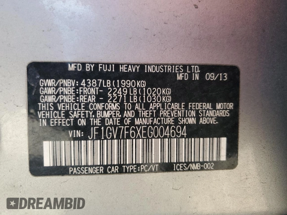 2014 Subaru WRX WRX Premium с VIN JF1GV7F6XEG004694, выставлен на аукционе Copart как лот 54691565 с пробегом 97 343 миль миль и Чистый • Clean title. История ставок и продаж доступна на DreamBid. Изображение 12.