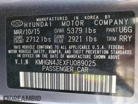 2015 Hyundai Genesis 3.8L with VIN KMHGN4JEXFU089025, listed as a Copart auction lot 55453065 with 96,134 mi miles and Clean Title. Bid and sale history available at carsss.com. Image 12.