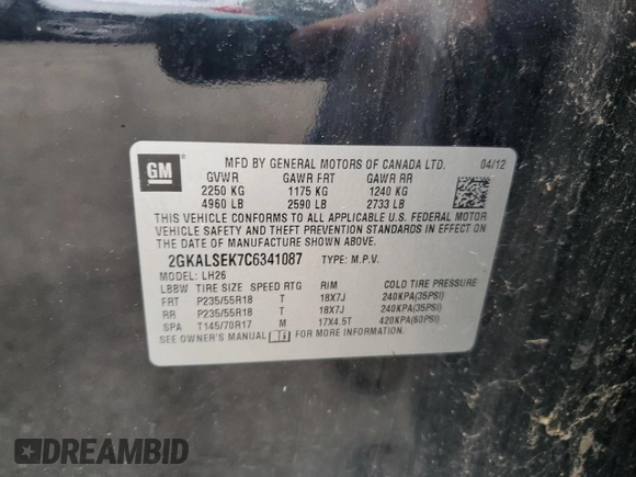 2012 GMC Terrain SLE-2 z VIN 2GKALSEK7C6341087, wystawiony jako Copart lot #57884645 z przebiegiem 181 612 mil mil oraz Szkoda całkowita • Salvage title. Historia ofert i sprzedaży dostępna na DreamBid. Obrazek 13.