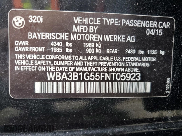 2015 BMW 3 Series 320i with VIN WBA3B1G55FNT05923, listed as a Copart auction lot 51342255 with 3,060 mi miles and Salvage Title. Bid and sale history available at carsss.com. Image 12.