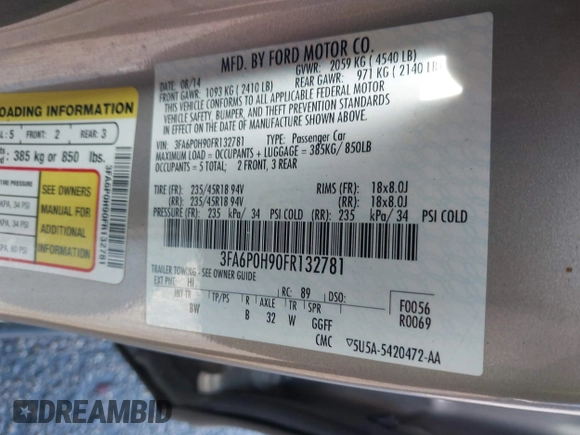2015 Ford Fusion SE with VIN 3FA6P0H90FR132781, listed as a IAAI auction lot 41442151 with 196,240 mi miles. Bid and sale history available at carsss.com. Image 9.