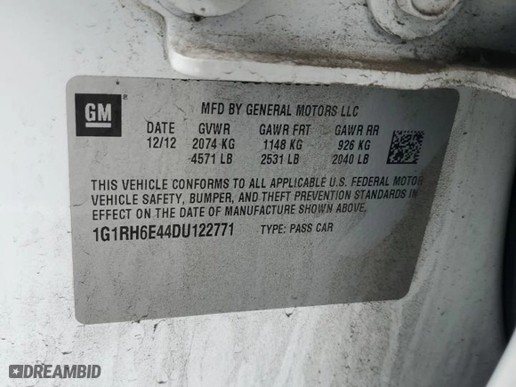 2013 Chevrolet Volt with VIN 1G1RH6E44DU122771, listed as a Copart auction lot 53577695 with 133,115 mi miles and Clean Title. Bid and sale history available at carsss.com. Image 12.