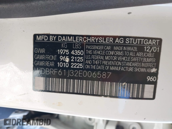 2002 Mercedes-Benz C 230/260/280/320 with VIN WDBRF61J32E006587, listed as a IAAI auction lot 41373136 with 144,026 mi miles and . Bid and sale history available at carsss.com. Image 9.