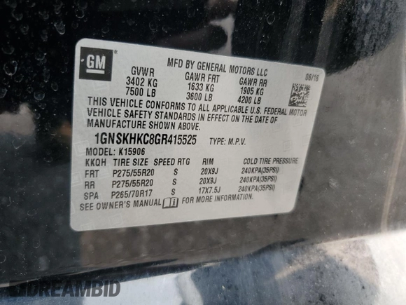 2016 Chevrolet Suburban LT z VIN 1GNSKHKC8GR415525, wystawiony jako Copart lot #59125735 z przebiegiem 362 652 mil mil oraz Czysty tytuł • Clean title. Historia ofert i sprzedaży dostępna na DreamBid. Obrazek 13.