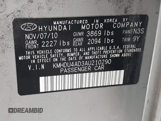 2010 Hyundai Elantra GLS with VIN KMHDU4AD3AU210290, listed as a IAAI auction lot 42362937 with 78,185 mi miles and . Bid and sale history available at DreamBid. Image 9.