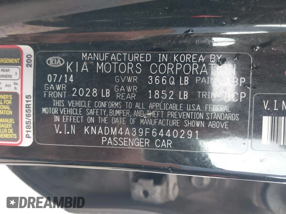 2015 Kia Rio LX with VIN KNADM4A39F6440291, listed as a IAAI auction lot 41532881 with 97,238 mi miles. Bid and sale history available at carsss.com. Image 9.