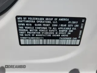 2017 Volkswagen Passat R-Line z VIN 1VWDT7A38HC052171, wystawiony jako Copart lot #55157965 z przebiegiem 82 371 mil mil oraz Szkoda całkowita • Salvage title. Historia ofert i sprzedaży dostępna na DreamBid. Obrazek 12.