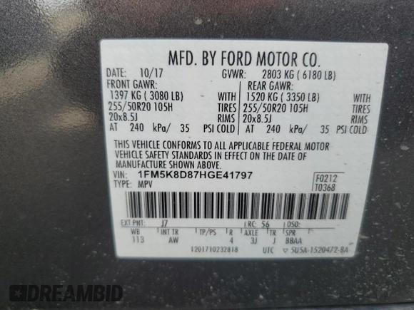 2017 Ford Explorer XLT with VIN 1FM5K8D87HGE41797, listed as a Copart auction lot 51241055 with 102,639 mi miles and Salvage Title. Bid and sale history available at DreamBid. Image 14.
