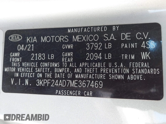 2021 Kia Forte FE with VIN 3KPF24AD7ME367469, listed as a IAAI auction lot 41955196 with 47,443 mi miles and . Bid and sale history available at carsss.com. Image 9.