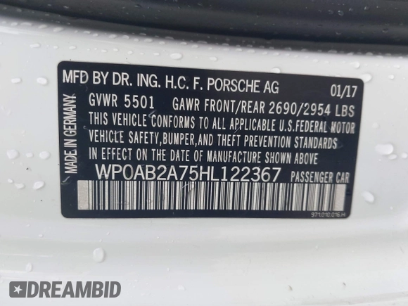 2017 Porsche Panamera 4S with VIN WP0AB2A75HL122367, listed as a IAAI auction lot 41457209 with 117,970 mi miles and . Bid and sale history available at DreamBid. Image 9.