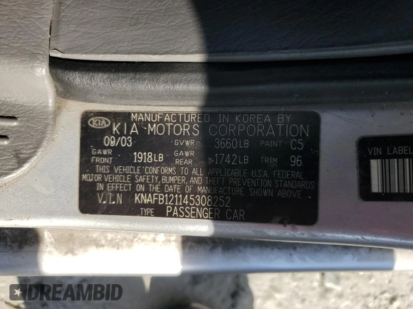2004 Kia Spectra z VIN KNAFB121145308252, wystawiony jako Copart lot #53377555 z przebiegiem 206 439 mil mil oraz Szkoda całkowita • Salvage title. Historia ofert i sprzedaży dostępna na DreamBid. Obrazek 12.