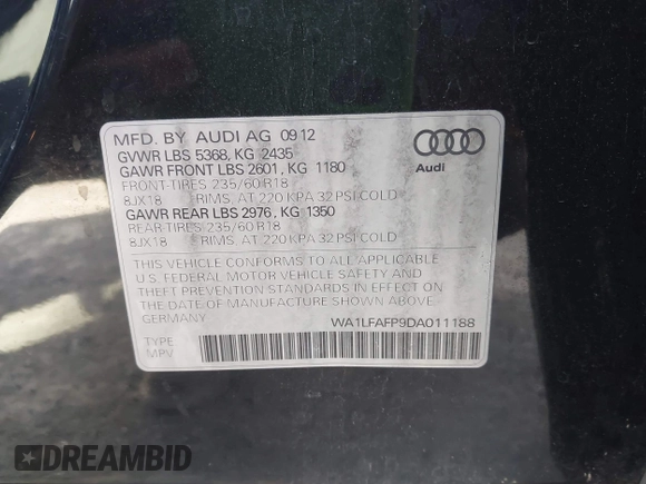 2013 Audi Q5 Premium Plus with VIN WA1LFAFP9DA011188, listed as a IAAI auction lot 42489950 with 99,464 mi miles and . Bid and sale history available at DreamBid. Image 9.