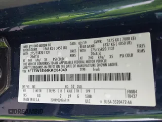 2019 Ford F-150 XL with VIN 1FTEW1E44KKC84049, listed as a IAAI auction lot 41132528 with 108,388 mi miles. Bid and sale history available at carsss.com. Image 9.