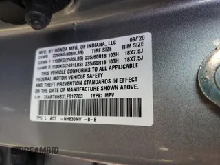 2020 Honda CR-V EX-L with VIN 7FART6H8XLE017703, listed as a Copart auction lot 47798925 with 52,566 mi miles and Salvage title. Bid and sale history available at DreamBid. Image 14.