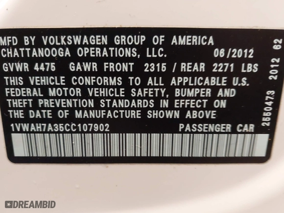 2012 Volkswagen Passat S w/Appearance with VIN 1VWAH7A35CC107902, listed as a IAAI auction lot 41243434 with 158,889 mi miles. Bid and sale history available at carsss.com. Image 9.