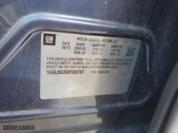 2013 Buick LaCrosse Touring with VIN 1G4GJ5G38DF326703, listed as a Copart auction lot 45398765 with 128,432 mi miles and Salvage Title. Bid and sale history available at carsss.com. Image 13.