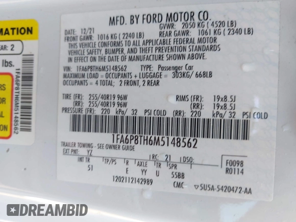 2021 Ford Mustang EcoBoost with VIN 1FA6P8TH6M5148562, listed as a IAAI auction lot 42147236 with 57,050 mi miles and . Bid and sale history available at DreamBid. Image 9.