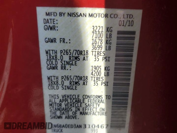 2010 Nissan Titan SE with VIN 1N6BA0ED3AN310467, listed as a Copart auction lot 62888895 with 230,343 mi miles and Salvage title. Bid and sale history available at DreamBid. Image 13.