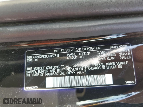 2020 Volvo S60 Momentum with VIN 7JR102FK0LG067719, listed as a Copart auction lot 48885814 with 53,904 mi miles. Bid and sale history available at carsss.com. Image 12.