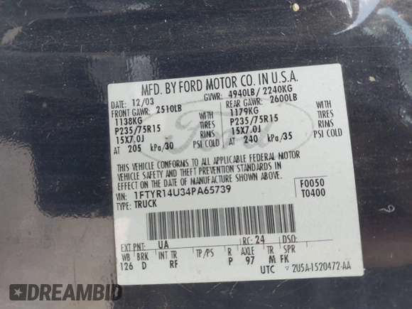 2004 Ford Ranger XL with VIN 1FTYR14U34PA65739, listed as a IAAI auction lot 42201111 with Not provided miles and . Bid and sale history available at DreamBid. Image 9.