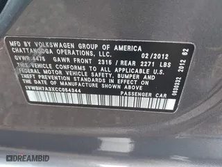 2012 Volkswagen Passat SE with VIN 1VWBH7A3XCC054344, listed as a IAAI auction lot 41290377 with 195,009 mi miles. Bid and sale history available at carsss.com. Image 9.