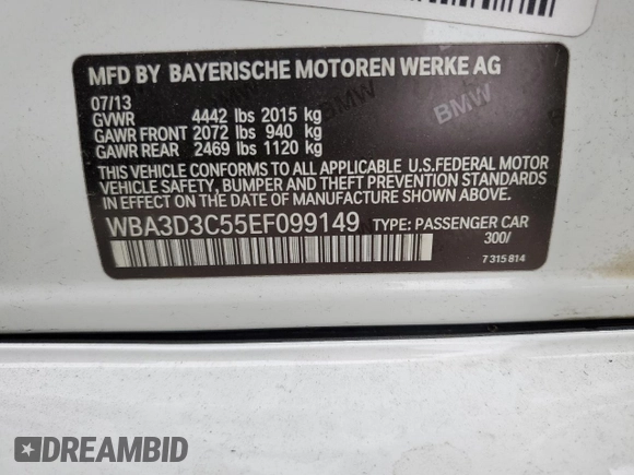 2014 BMW 3 Series 328d with VIN WBA3D3C55EF099149, listed as a Copart auction lot 54274625 with 184,044 mi miles and Clean title. Bid and sale history available at DreamBid. Image 12.