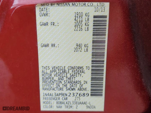 2014 Nissan Altima 2.5 SL with VIN 1N4AL3AP9EN237689, listed as a Copart auction lot 51817855 with 220,603 mi miles and Salvage Title. Bid and sale history available at carsss.com. Image 12.