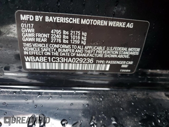2017 BMW 3 Series 330e iPerformance with VIN WBA8E1C33HA029236, listed as a Copart auction lot 45122765 with 157,634 mi miles and Clean Title. Bid and sale history available at carsss.com. Image 12.