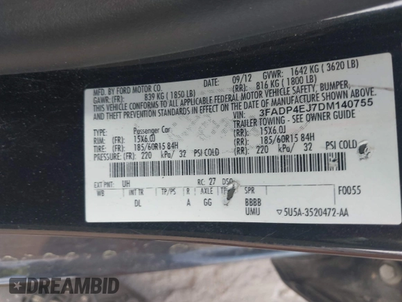 2013 Ford Fiesta SE with VIN 3FADP4EJ7DM140755, listed as a IAAI auction lot 41908366 with 68,744 mi miles. Bid and sale history available at carsss.com. Image 9.