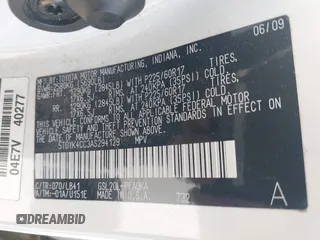 2010 Toyota Sienna XLE with VIN 5TDYK4CC3AS294129, listed as a IAAI auction lot 42510201 with 200,601 mi miles and . Bid and sale history available at DreamBid. Image 9.
