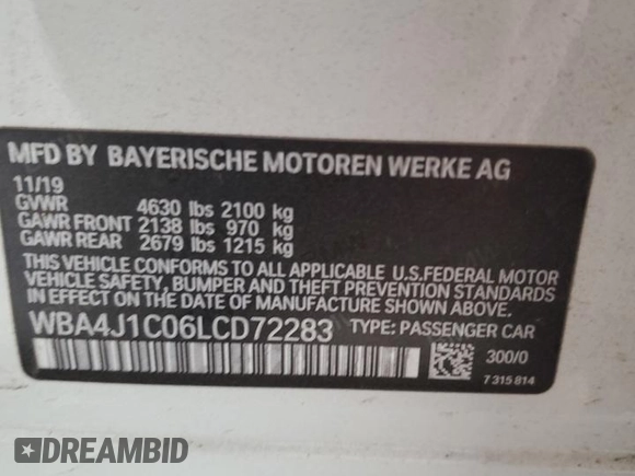 2020 BMW 4 Series 430i with VIN WBA4J1C06LCD72283, listed as a Copart auction lot 47252615 with Not provided miles and Salvage title. Bid and sale history available at DreamBid. Image 12.