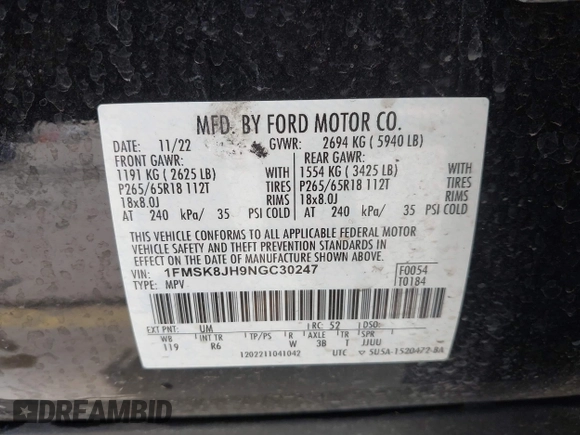 2022 Ford Explorer Timberline with VIN 1FMSK8JH9NGC30247, listed as a IAAI auction lot 41882123 with 36,911 mi miles. Bid and sale history available at carsss.com. Image 9.