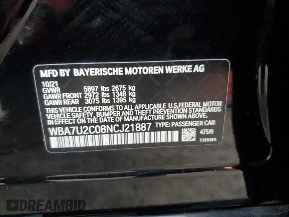 2022 BMW 7 Series 750i xDrive with VIN WBA7U2C08NCJ21887, listed as a Copart auction lot 86499504 with Not provided miles and Non repairable. Bid and sale history available at DreamBid. Image 13.