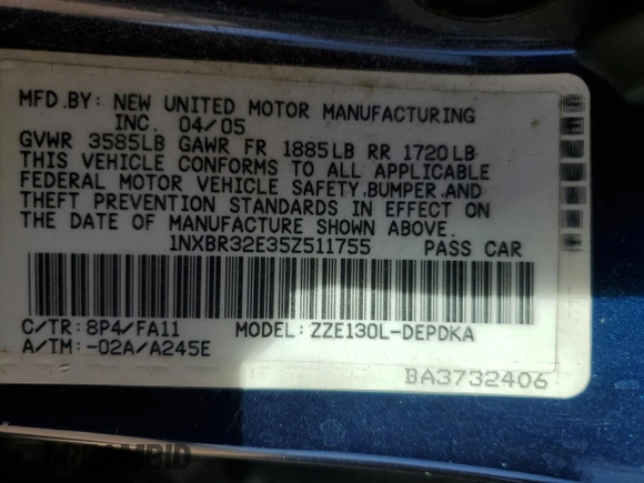 2005 Toyota Corolla CE with VIN 1NXBR32E35Z511755, listed as a Copart auction lot 72013484 with 263,683 mi miles and Clean title. Bid and sale history available at DreamBid. Image 12.