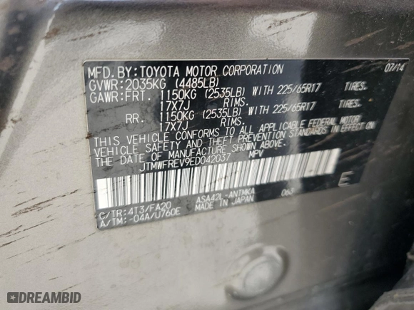 2014 Toyota RAV4 XLE with VIN JTMWFREV9ED042037, listed as a Copart auction lot 53355335 with 175,141 mi miles and Clean Title. Bid and sale history available at carsss.com. Image 13.