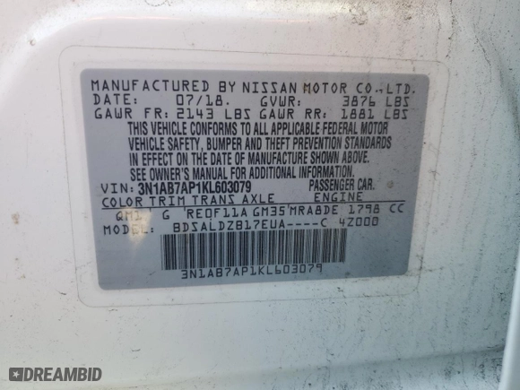 2019 Nissan Sentra SV with VIN 3N1AB7AP1KL603079, listed as a Copart auction lot 42024865 with 89,614 mi miles and Salvage Title. Bid and sale history available at carsss.com. Image 13.