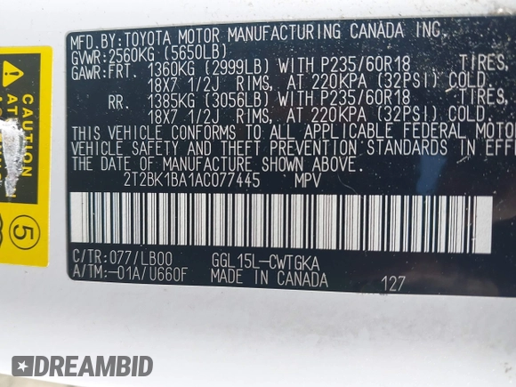 2010 Lexus RX 350 with VIN 2T2BK1BA1AC077445, listed as a IAAI auction lot 42437578 with 194,422 mi miles and . Bid and sale history available at DreamBid. Image 9.