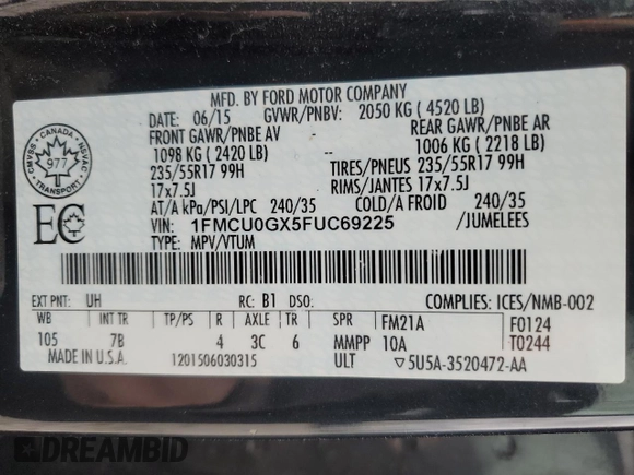 2015 Ford Escape SE with VIN 1FMCU0GX5FUC69225, listed as a Copart auction lot 52956055 with 162,936 mi miles and Clean Title. Bid and sale history available at carsss.com. Image 13.