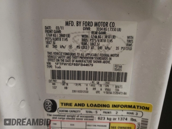 2011 Ford F-150 XL with VIN 1FTFW1EF8BFB44679, listed as a Copart auction lot 51745355 with 160,139 mi miles and Salvage Title. Bid and sale history available at carsss.com. Image 14.