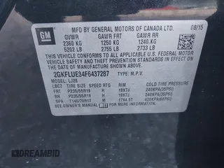 2015 GMC Terrain Denali with VIN 2GKFLUE34F6437287, listed as a IAAI auction lot 41157404 with 257,346 mi miles. Bid and sale history available at carsss.com. Image 9.